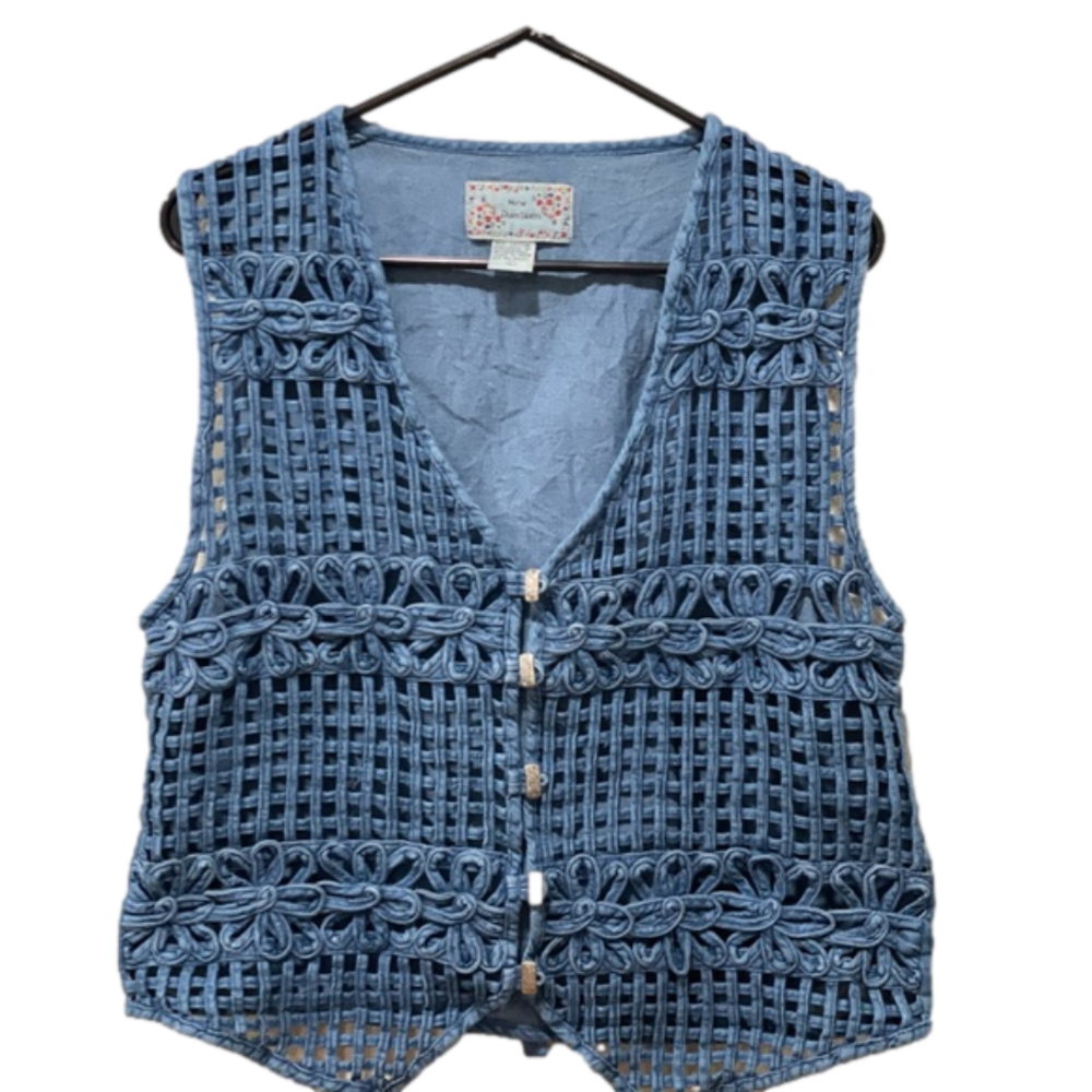 Vintage Denim Flower Vest See Thru With Tie on Back Size Large